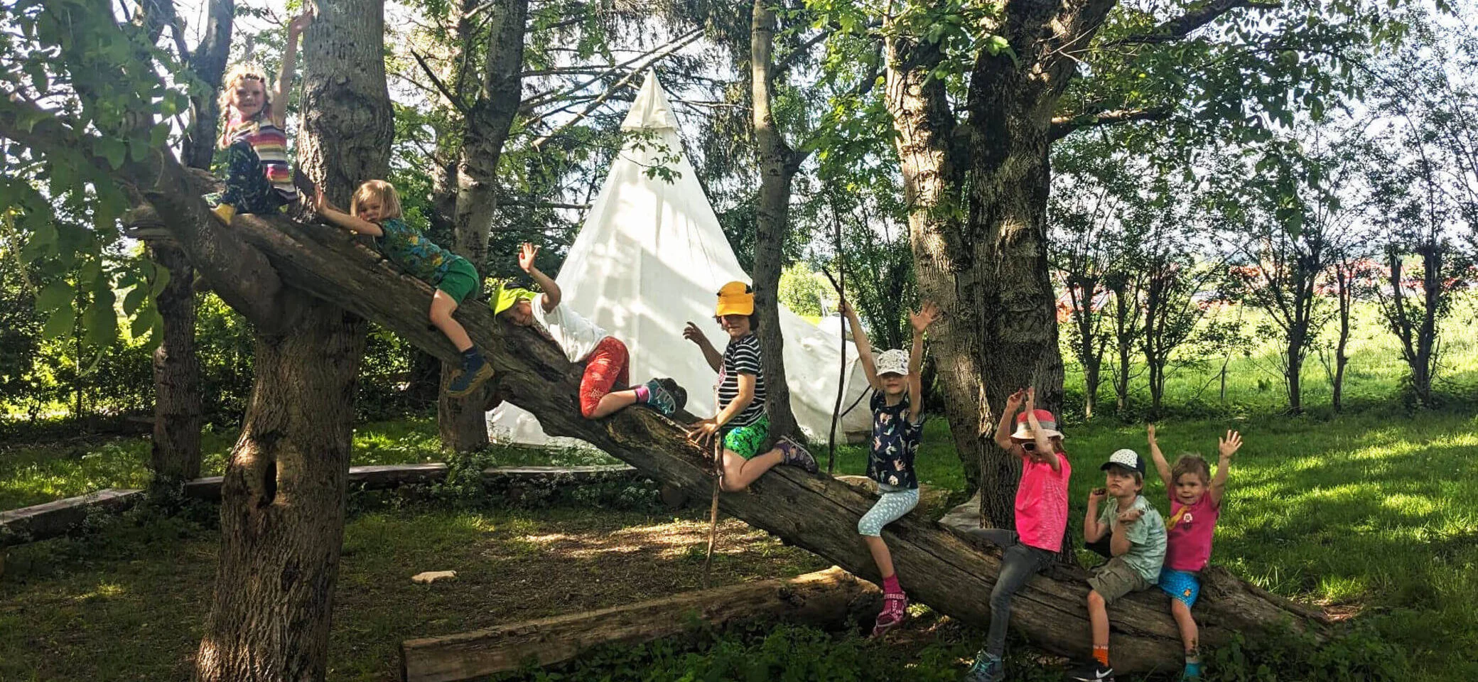 Indianerwochenende 2024 mit der Familiengruppe | © DAV Markt Schwaben Eine Gruppe von Kindern erkundet spielerisch einen umgestürzten Baumstamm in einem Waldgebiet. Im Hintergrund steht ein weißes Zelt, umgeben von grüner Natur – gemeinsames Abenteuer und Naturerlebnis der Familiengruppe der DAV-Sektion Markt Schwaben. | © DAV Markt Schwaben